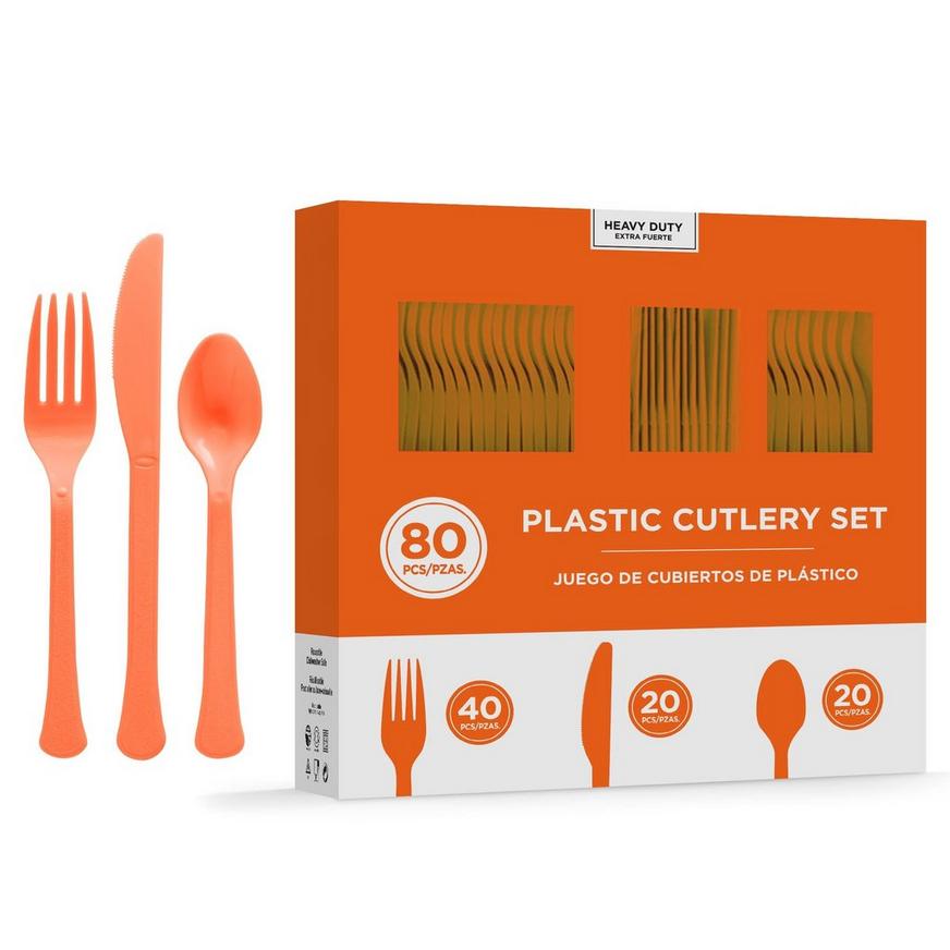 Orange Heavy-Duty Plastic Cutlery Set for 20 Guests, 80ct
